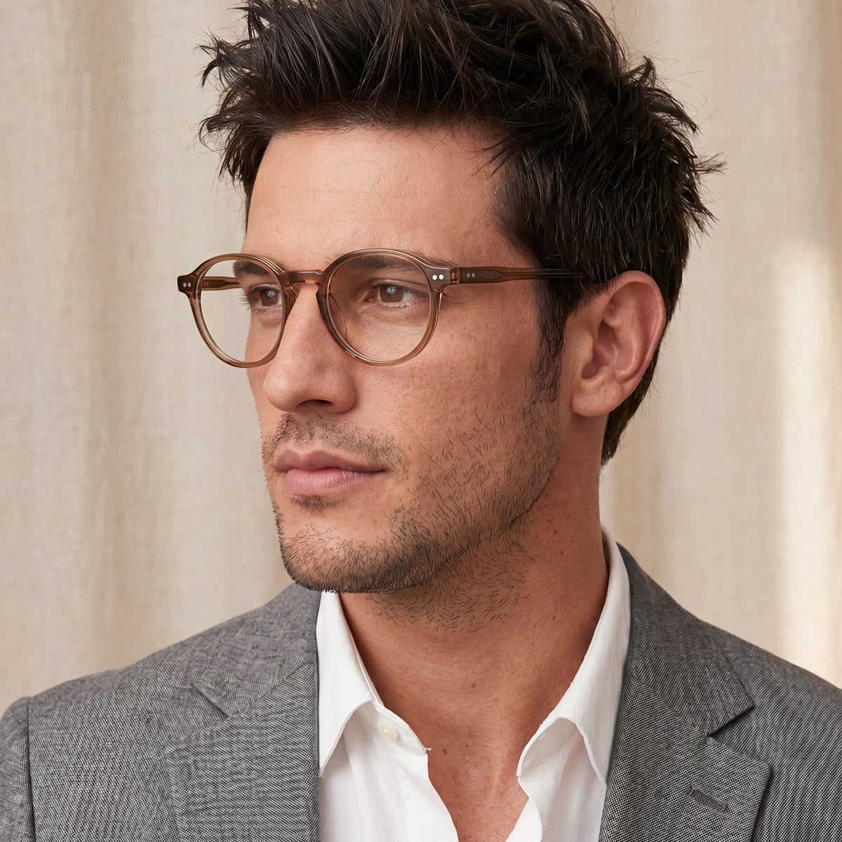 Man wearing glasses and a gray suit IGIOO Finco FC04 – Classic Round Acetate Eyeglasses in Brown