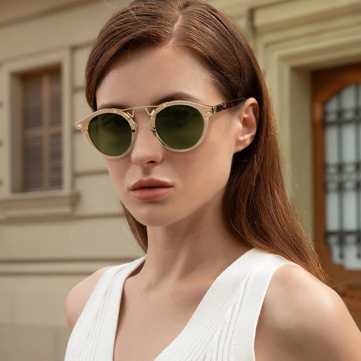 IGIOO AvonPark CA5395-C25 Gold Acetate Round Polarized Sunglasses for Women, Model View