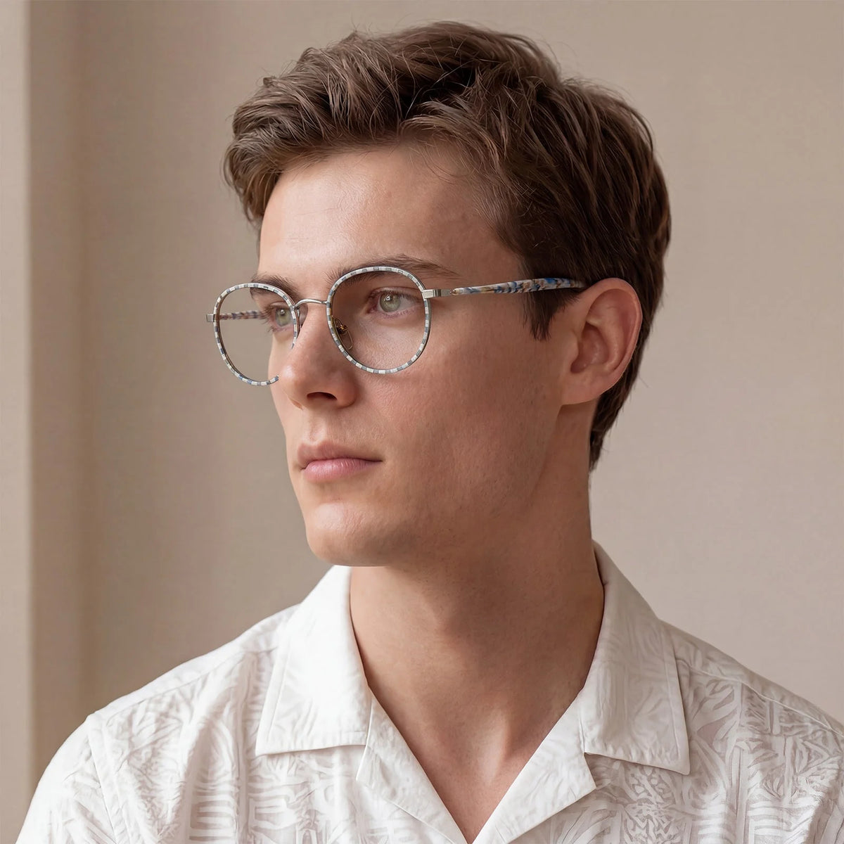 IGIOO Monterey Beige-Blue Metal Round Prescription Glasses Eyeglasses for Unisex, Lifestyle View