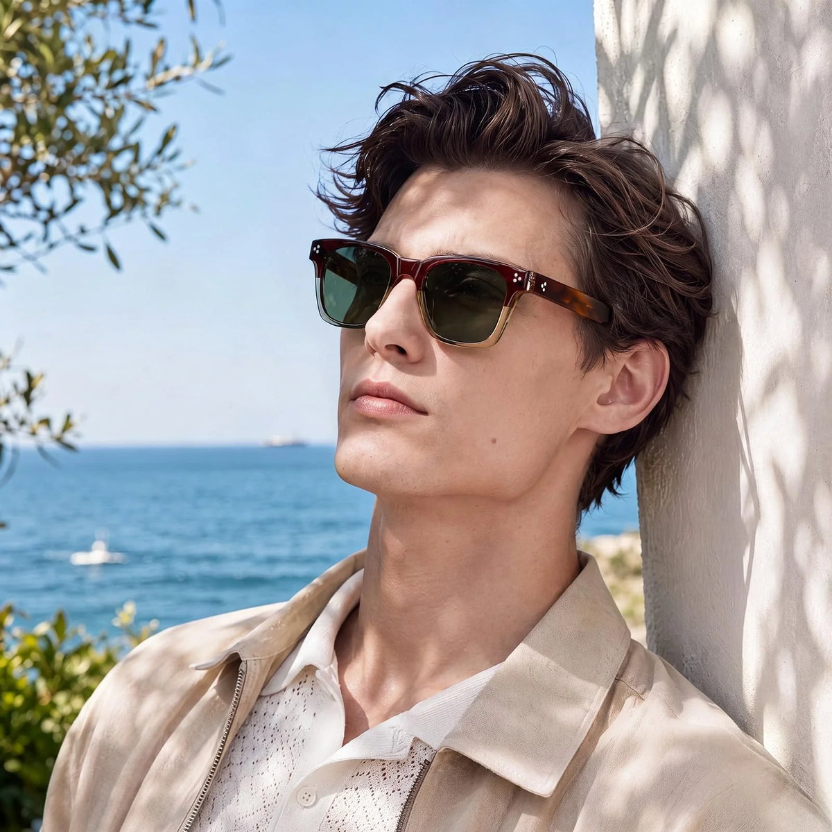 IGIOO Simba CA31109-C02 Wine Red Champagne Acetate Square Polarized Sunglasses for Men, Portrait View
