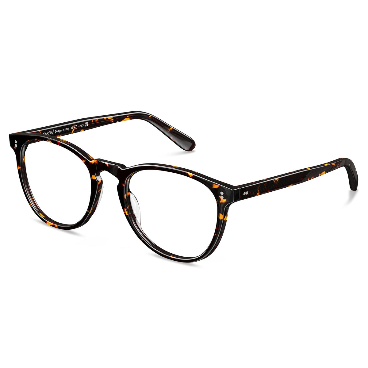 Italian acetate round eyeglasses side view showing tortoise orange pattern and temple design