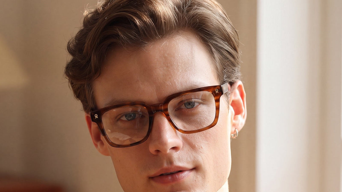 Man wearing brown tortoise acetate eyeglasses and a camel blazer in warm autumn light