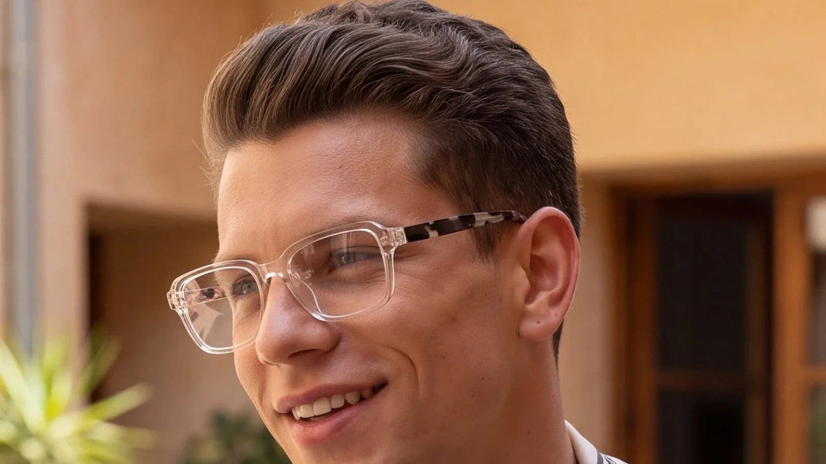 Man wearing clear transparent eyeglasses with patterned temples