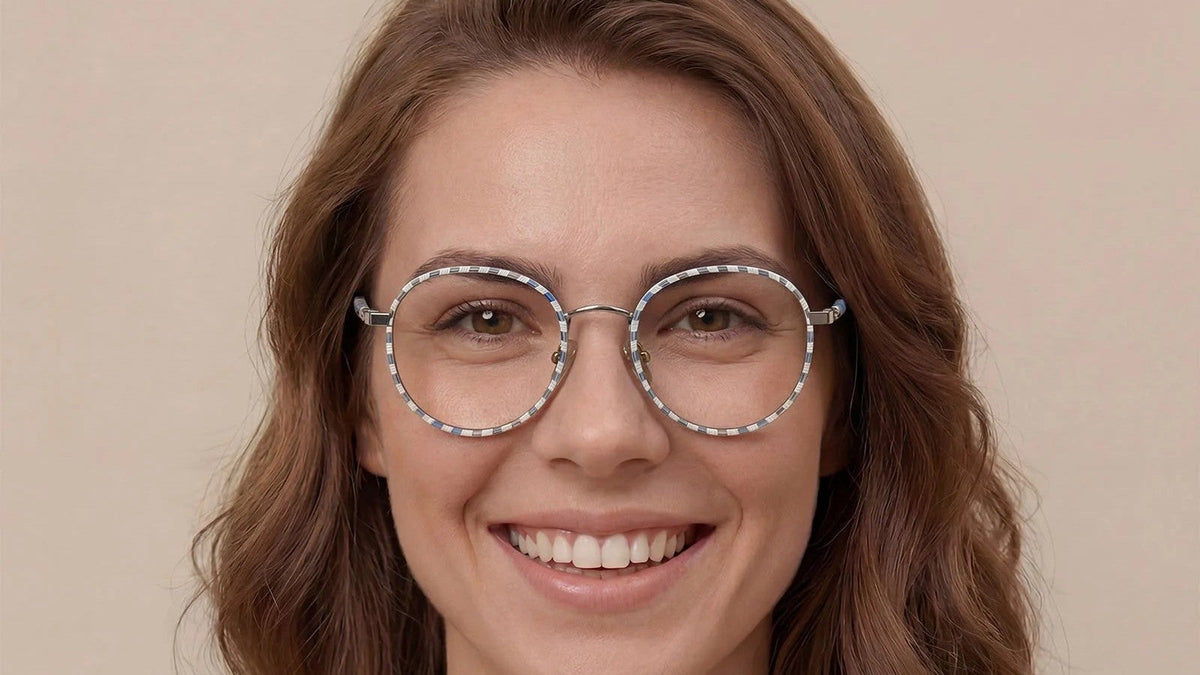 Woman smiling while wearing round IGIOO eyeglasses that sit level on her face
