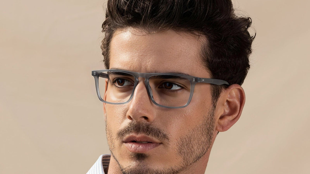 Man wearing grey rectangle acetate eyeglasses