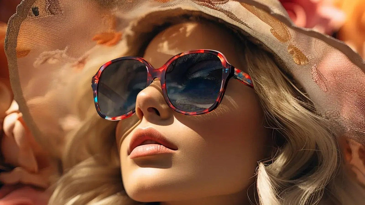 Woman wearing patterned acetate sunglasses with gradient lenses in the sun