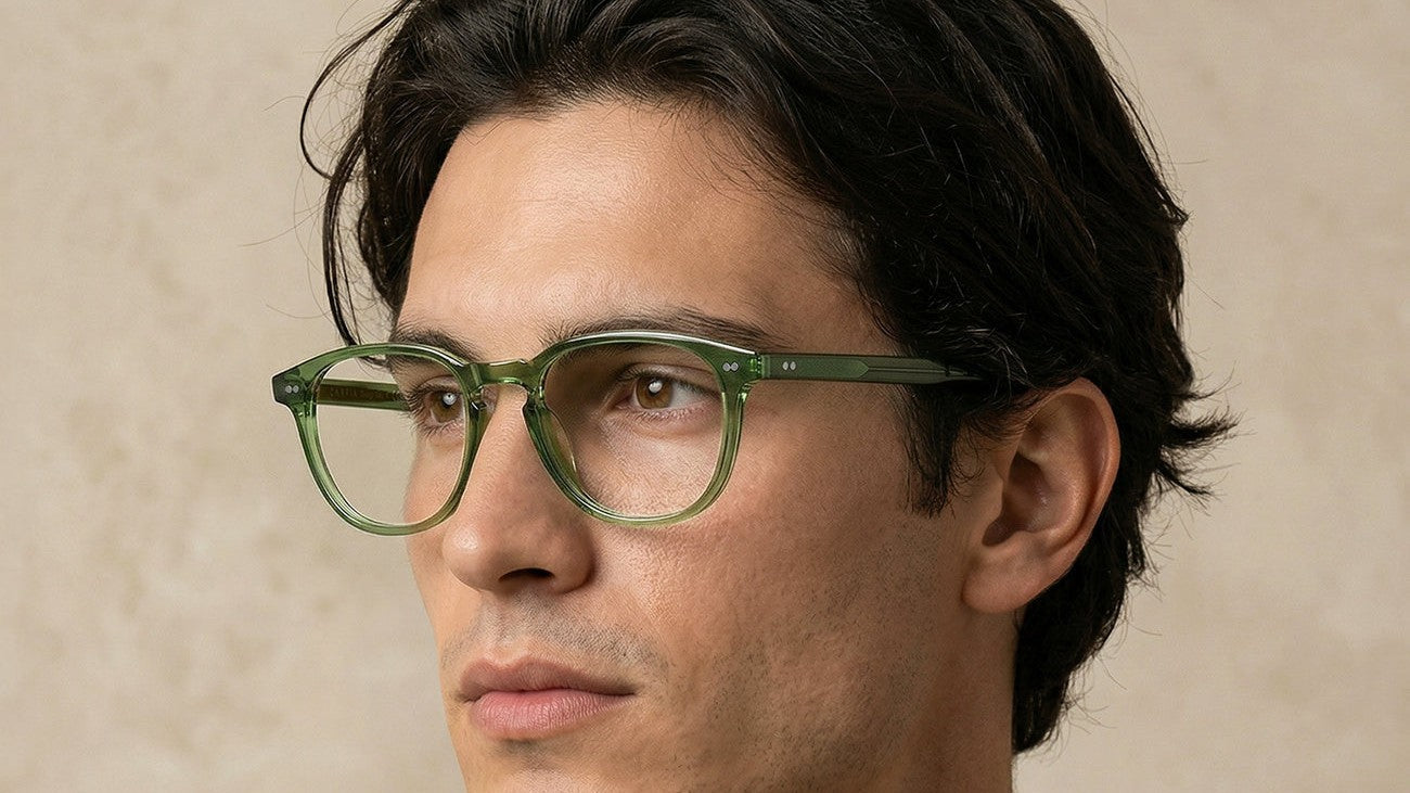 Man wearing green acetate eyeglasses in a linen shirt