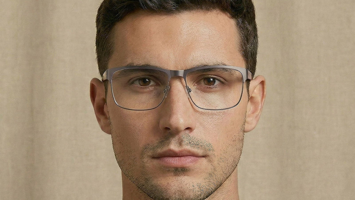 Man wearing grey metal prescription glasses against a neutral studio background