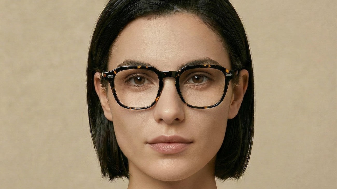 Woman wearing tortoiseshell eyeglasses, a good frame style for first-time progressive lenses