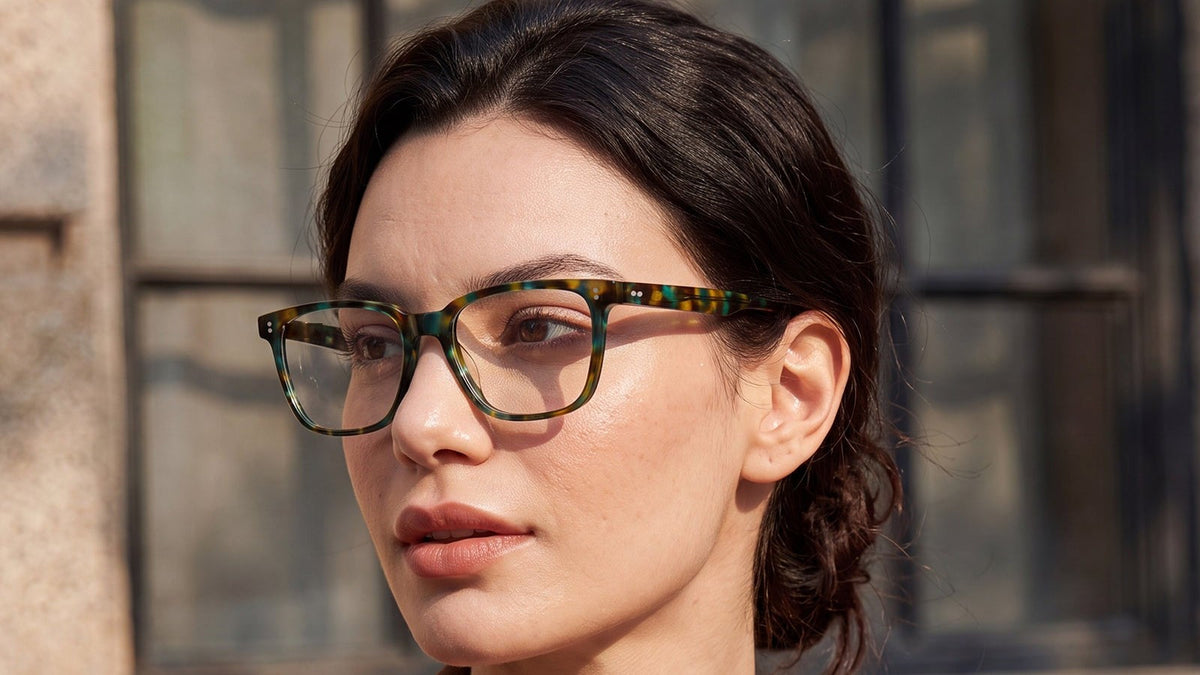 Woman wearing green tortoiseshell square prescription glasses outdoors