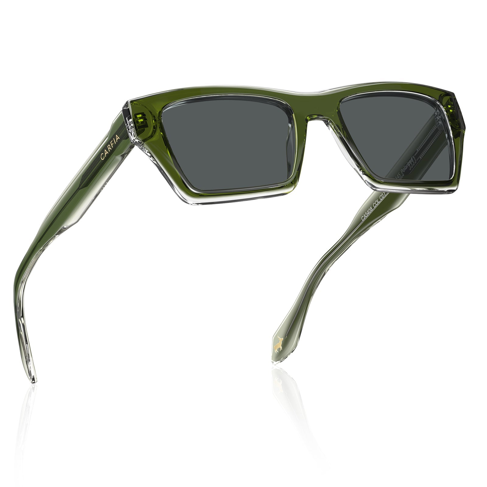 Olive green acetate sunglasses with dark gray lenses shown from a three-quarters angle fly