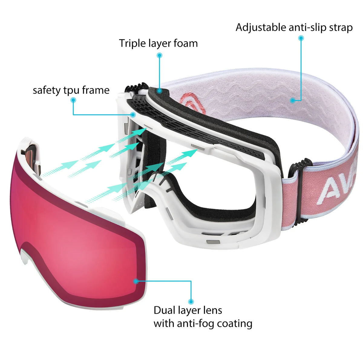 Black Alpine Storm-Pink Lens Snow Goggles