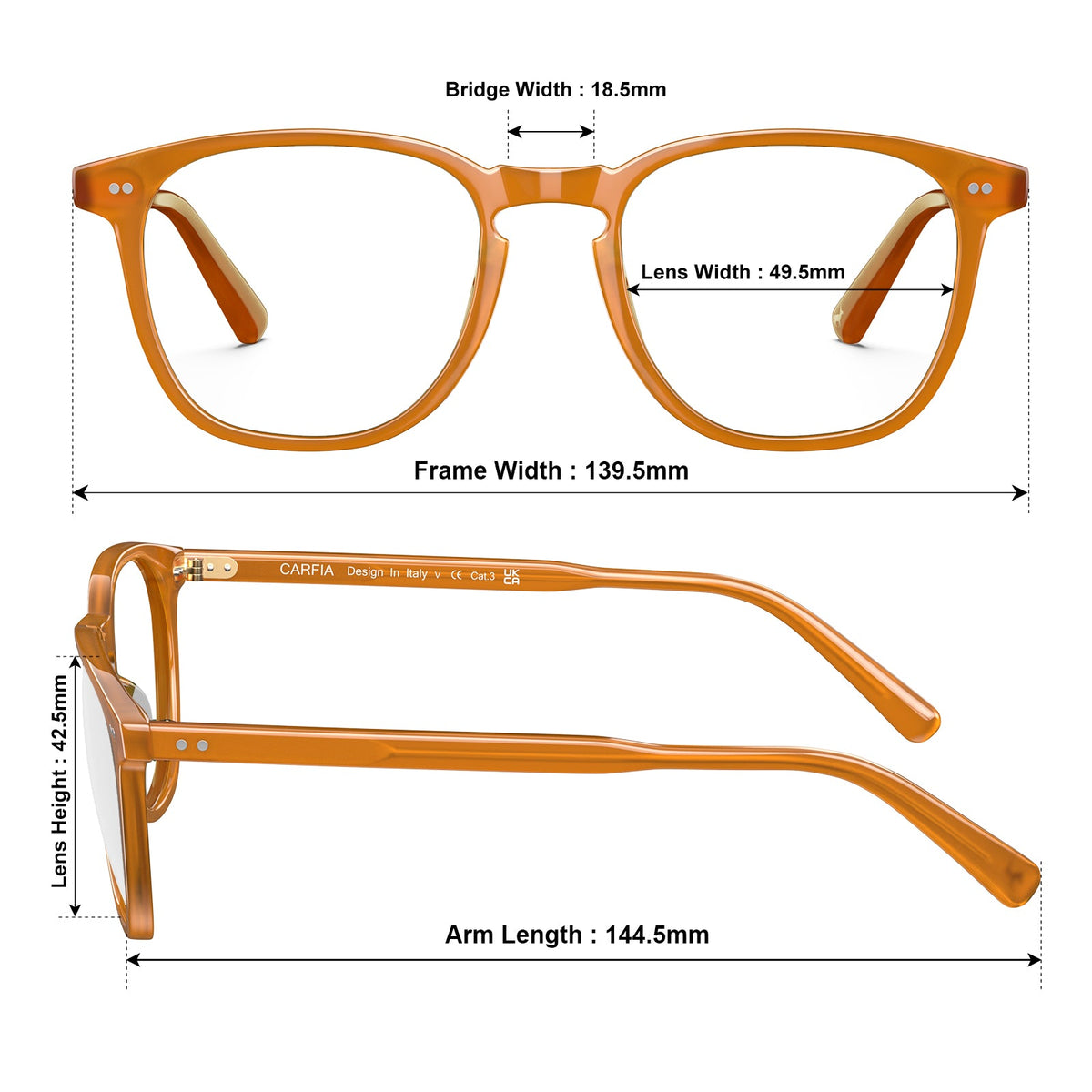 Orange square optical glasses fly view - Italian design vintage eyeglasses-size