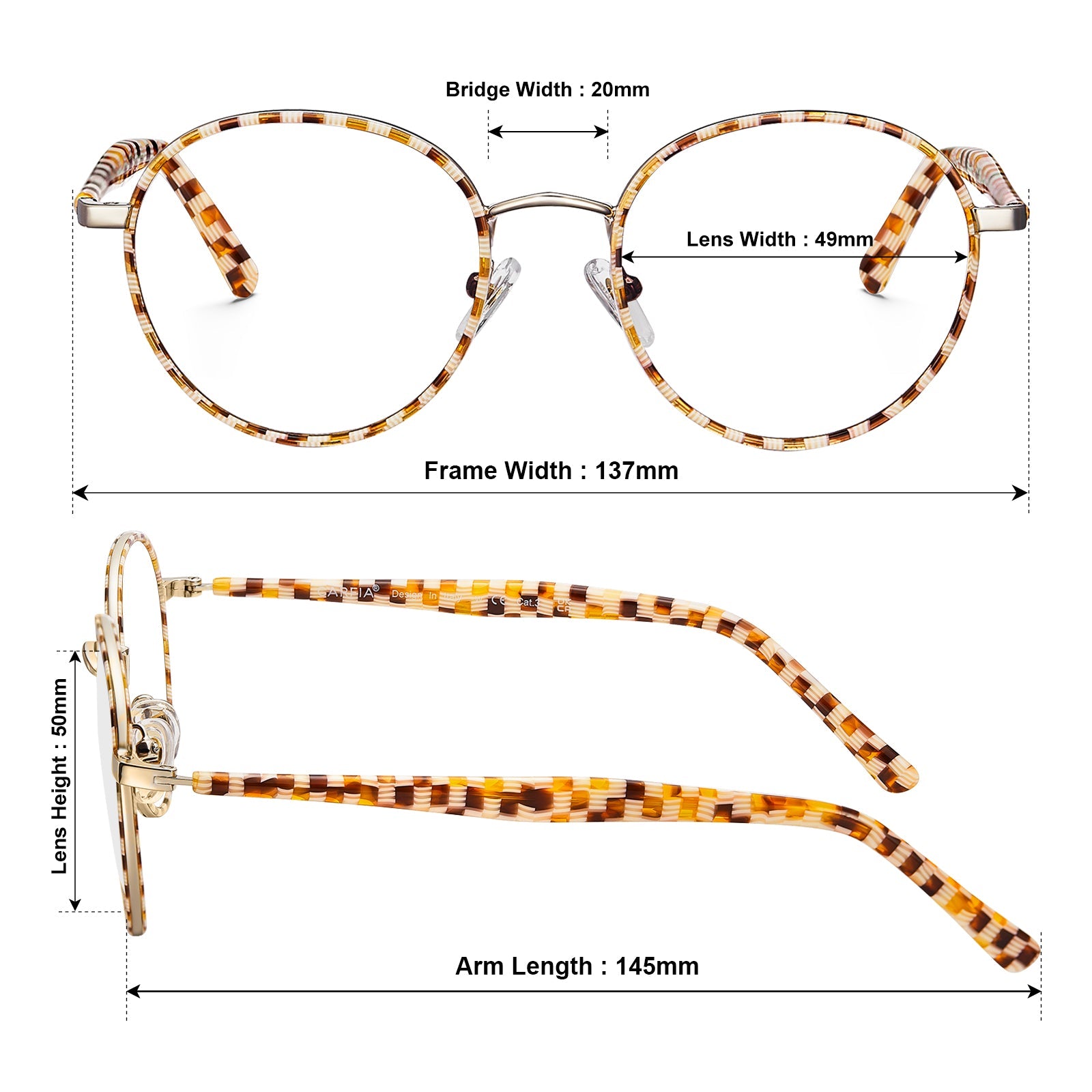 Retro Round Glasses Amber Brown Tortoiseshell Pattern-size