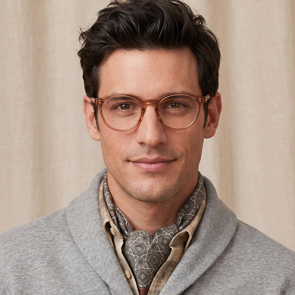 Man wearing glasses and a gray coat IGIOO Vinyl FC02 Crystal Brown Round Acetate Eyeglasses handmade eyewear