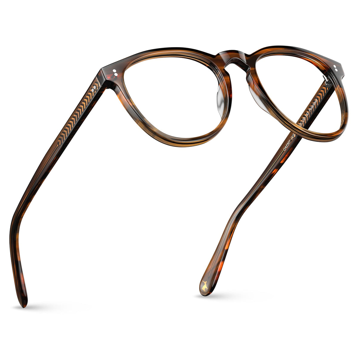 Brown striped acetate eyeglasses detail closeup showing elegant stripe pattern texture and premium craftsmanship