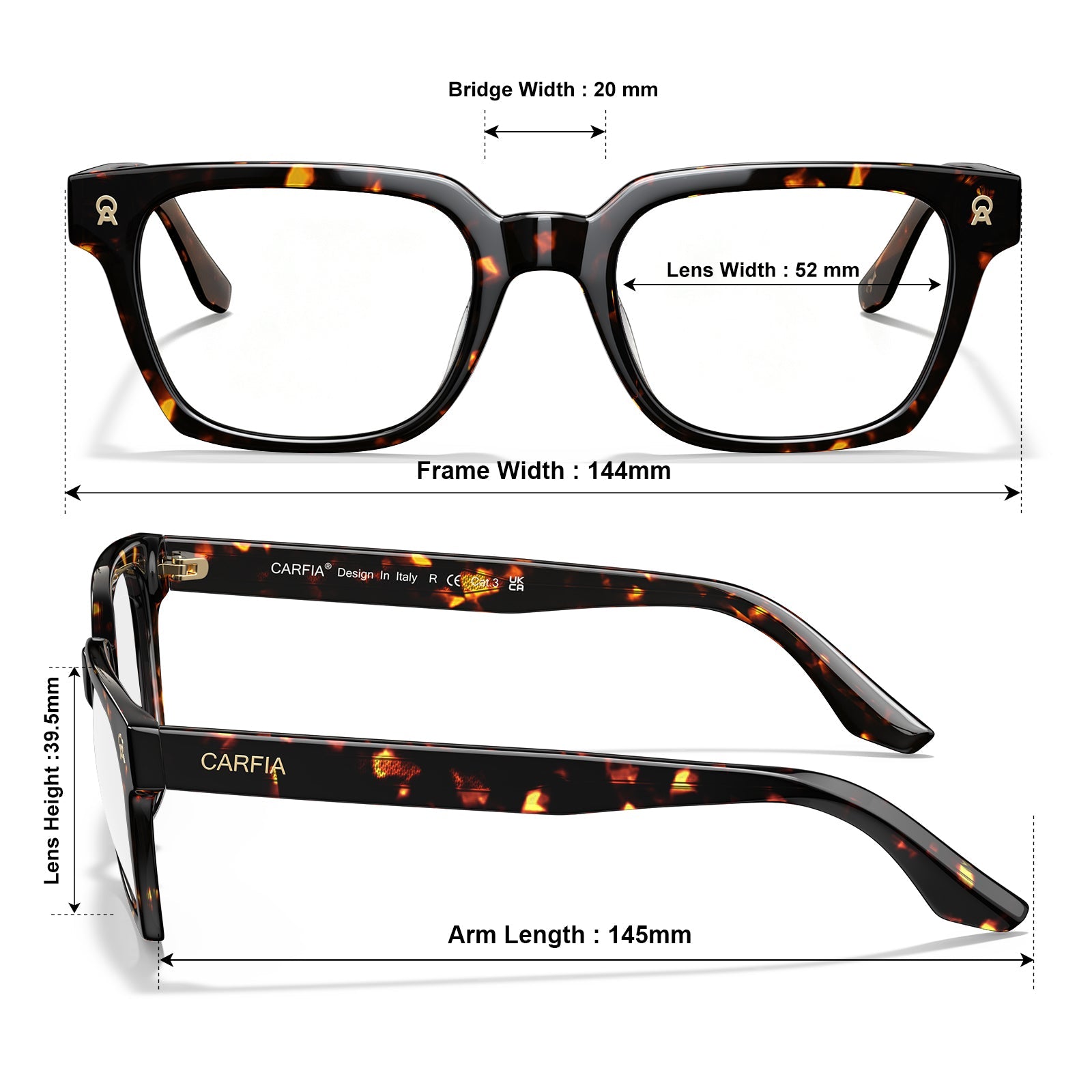 IGIOO Camet Rectangular Eyeglasses  Italian Designed Dark Tortoise Acetate Frames sizes