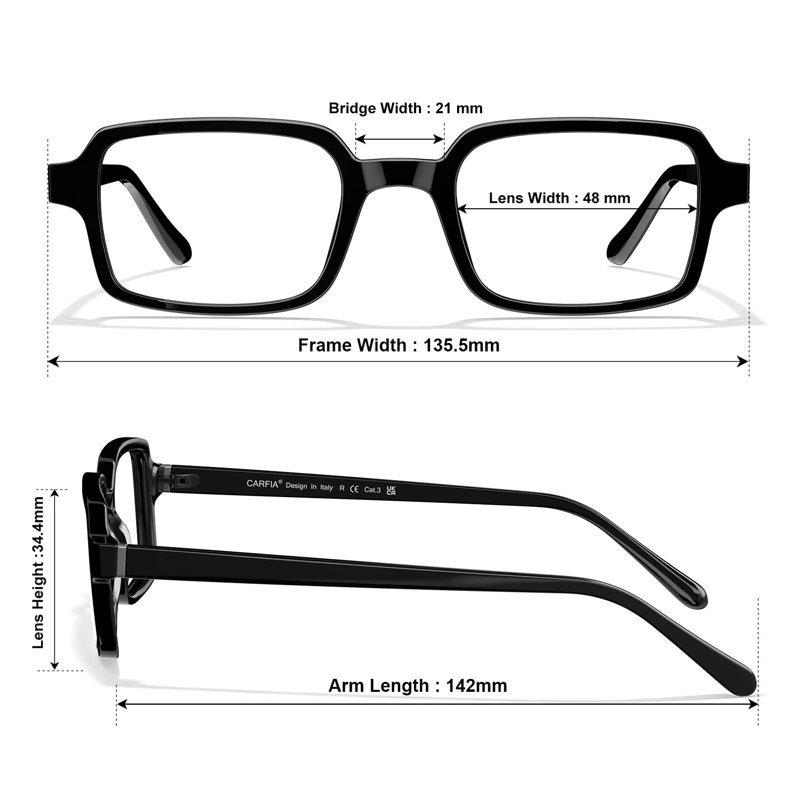 IGIOO Amory CA7035-C1 Black Acetate Rectangle Prescription Glasses Eyeglasses for Unisex, Size-Chart View