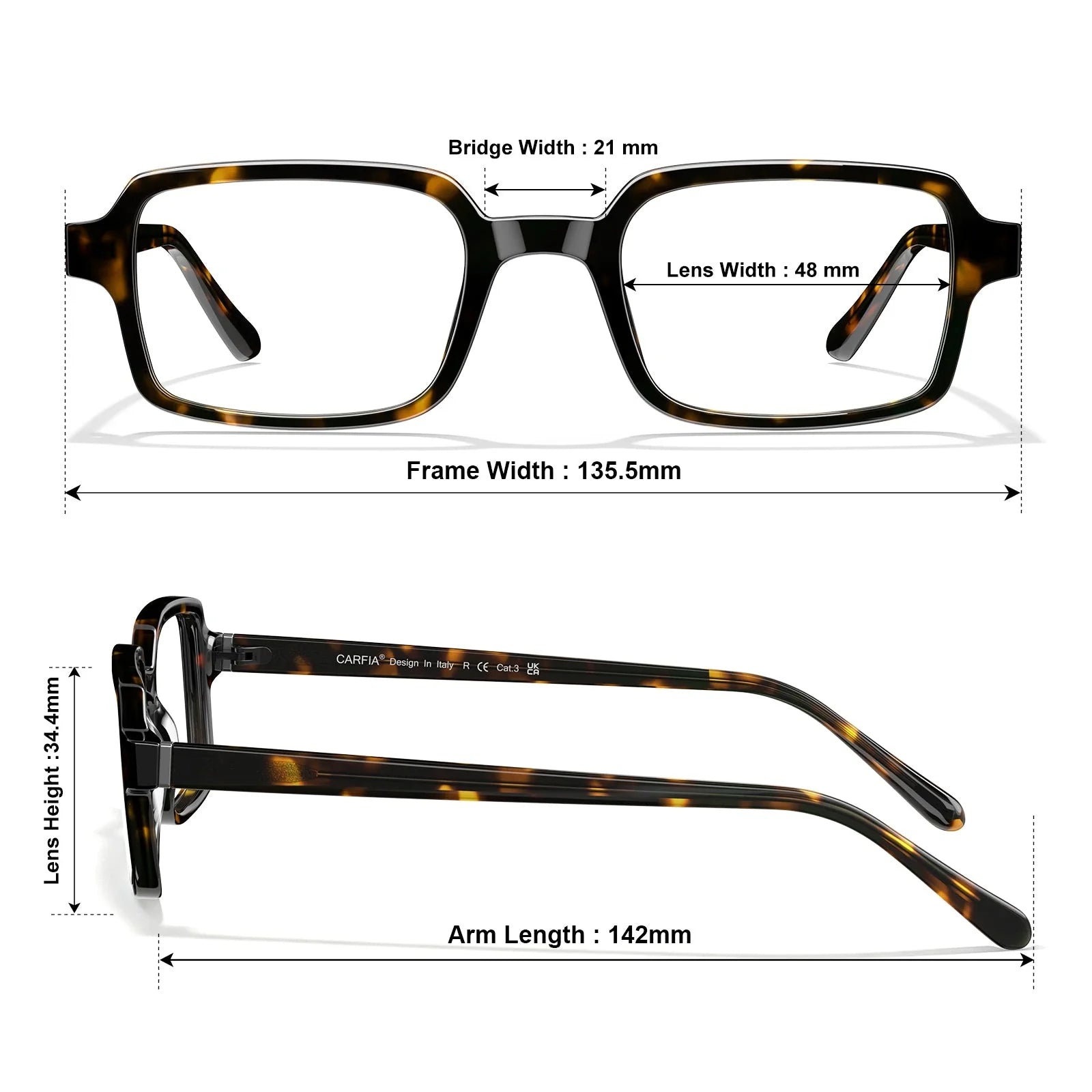 IGIOO Amory CA7035-C2 Tortoise Acetate Rectangle Prescription Glasses Eyeglasses for Unisex, Size-Chart View