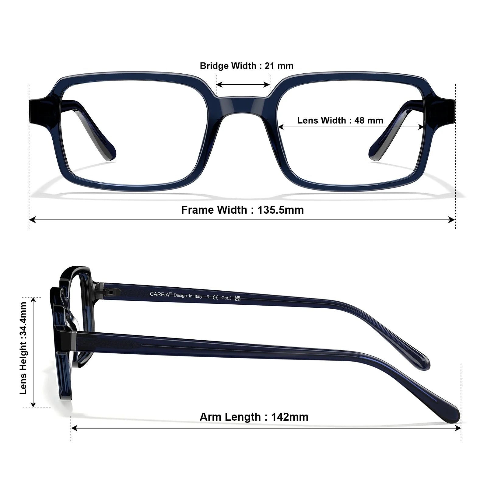 IGIOO Amory CA7035-C4 Navy Acetate Rectangle Prescription Glasses Eyeglasses for Unisex, Size-Chart View