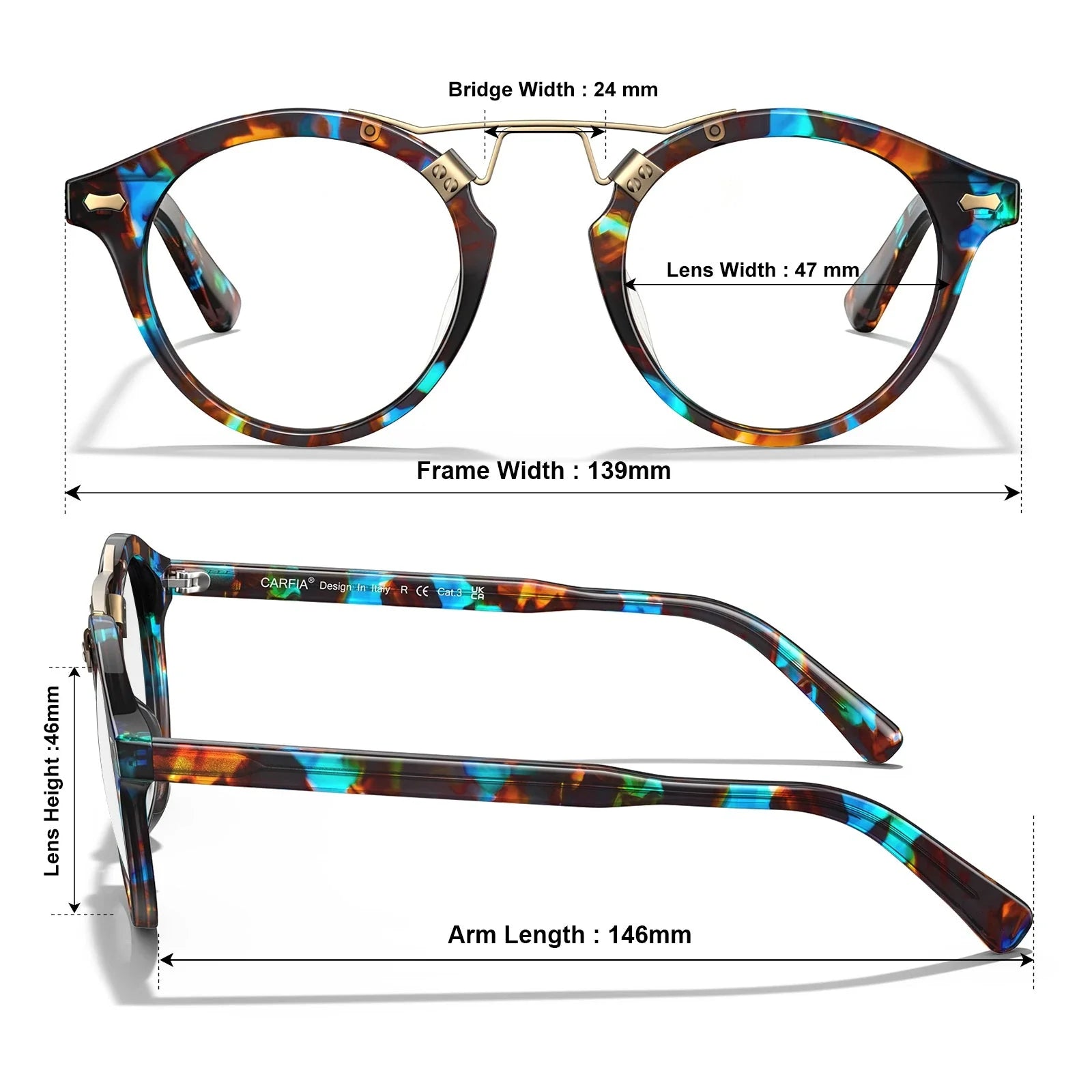 IGIOO Avonpak CA5395-FC17 Tortoise Acetate Round Prescription Glasses Eyeglasses for Unisex, Size Chart