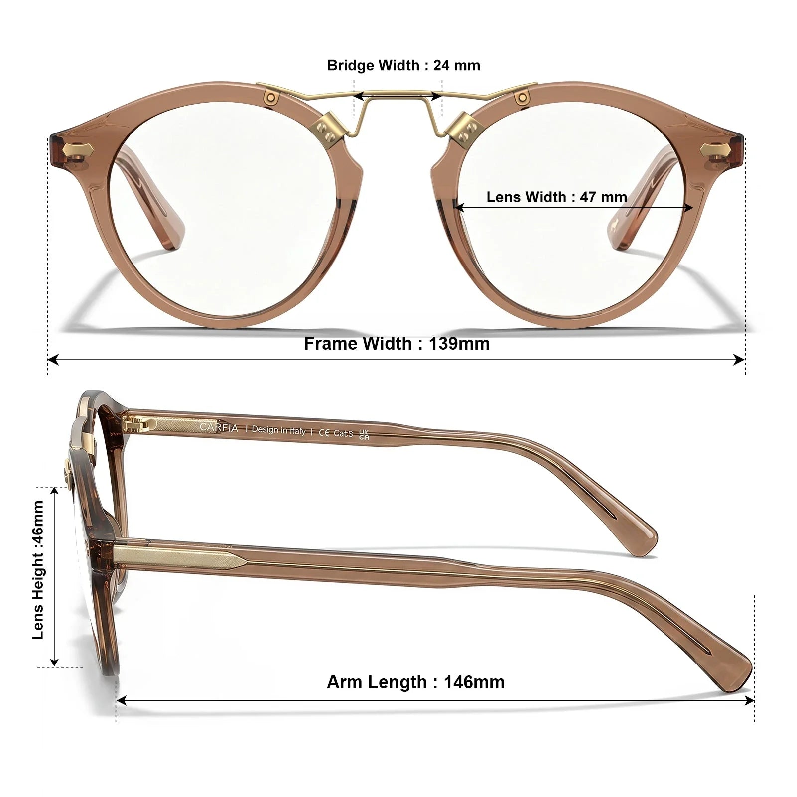 IGIOO Avonpak CA5395-FC28 Tortoise Acetate Round Prescription Glasses Eyeglasses for Unisex, Size Chart