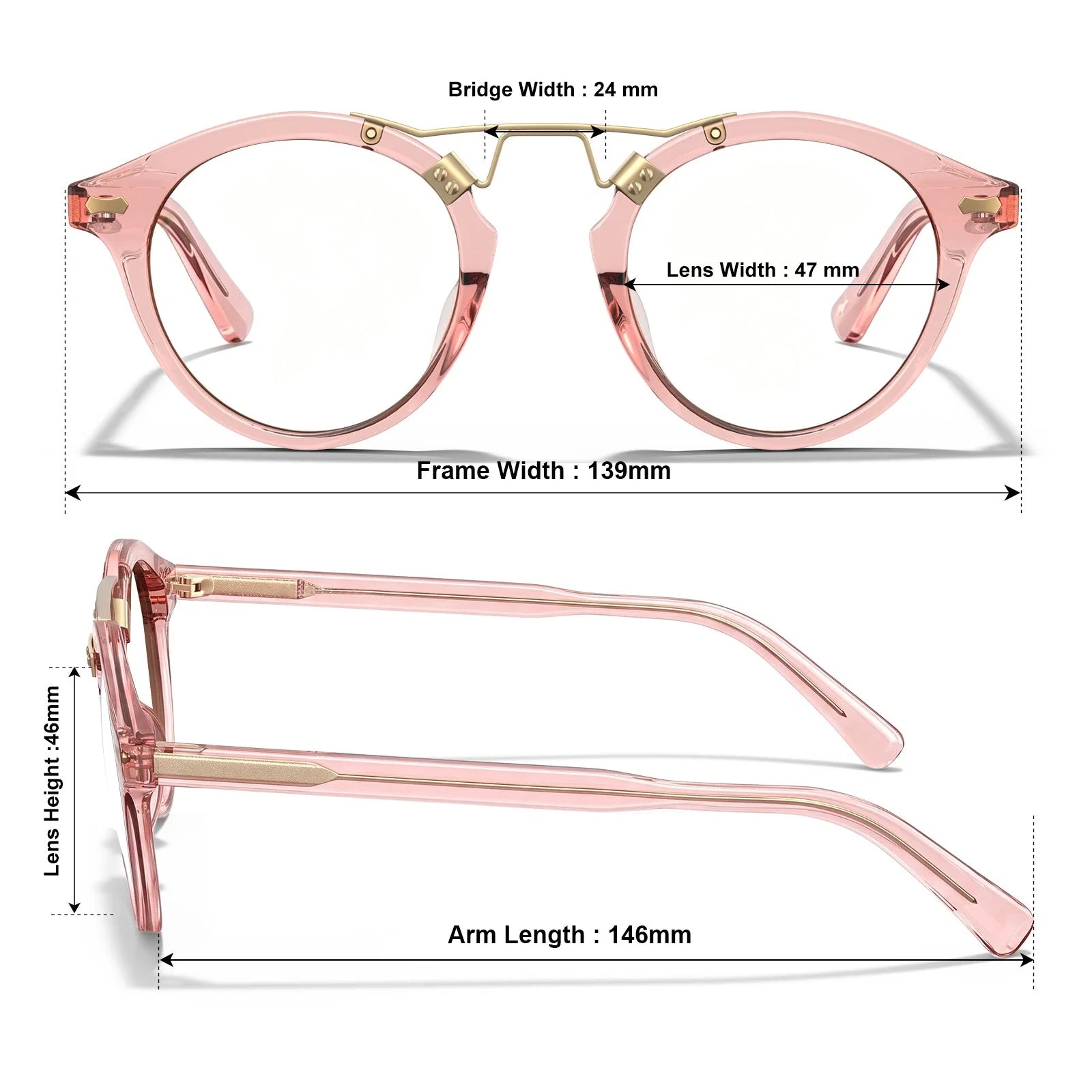 IGIOO Avonpak CA5395-FC29 Pink Acetate Round Prescription Glasses Eyeglasses for Unisex, Size Chart