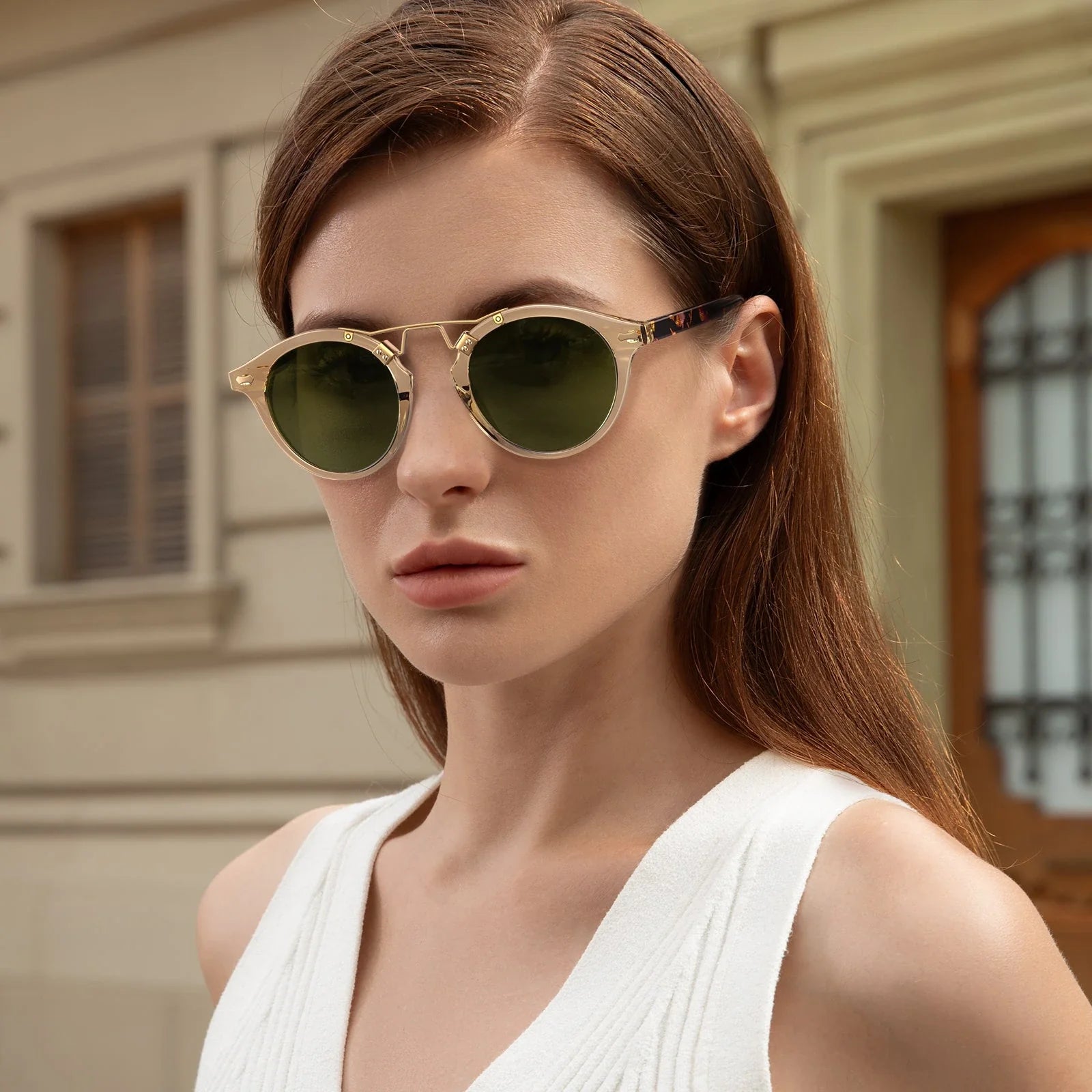 IGIOO AvonPark CA5395-C25 Gold Acetate Round Polarized Sunglasses for Women, Model View