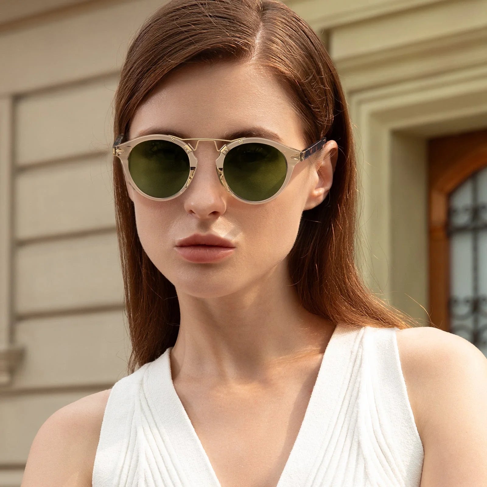 IGIOO AvonPark CA5395-C25 Gold Acetate Round Polarized Sunglasses for Women, Portrait View