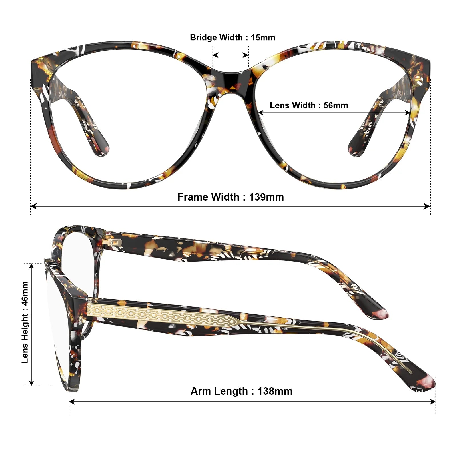 IGIOO Barrie CA5396-FC08 Tortoise Acetate Round Prescription Glasses Eyeglasses for Women, Size-Chart View