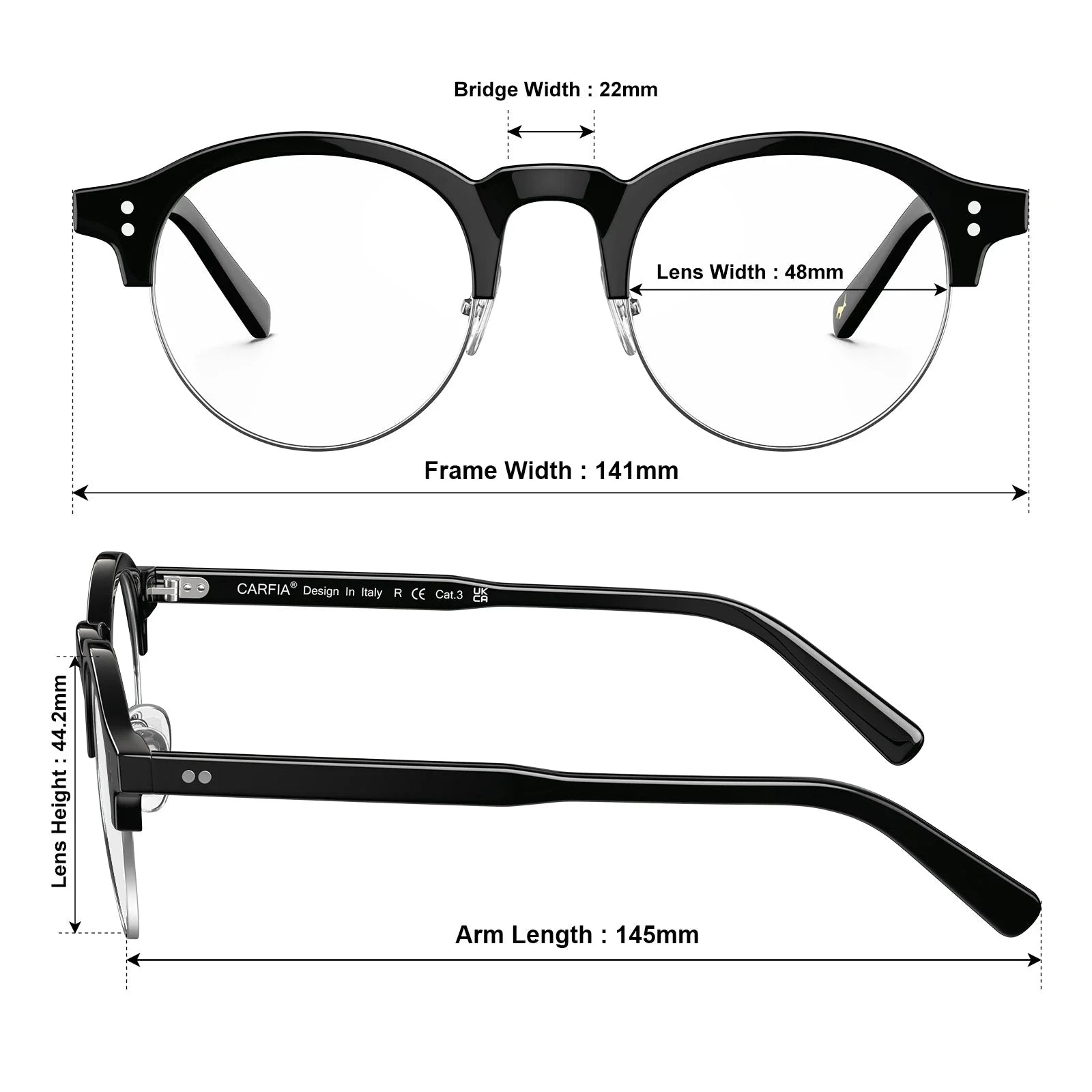 IGIOO Cathom CA1962-FC01 Black Acetate Round Prescription Glasses Eyeglasses for Unisex, Size Chart