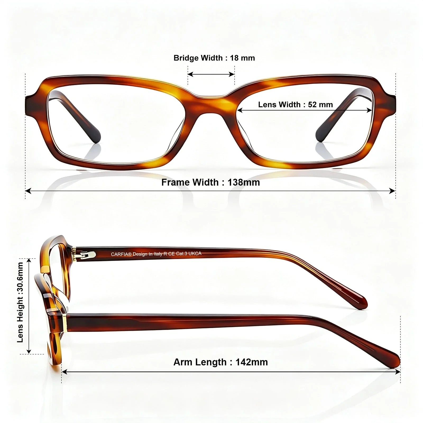 IGIOO Leoon CA7033-C2 Tortoise Acetate Rectangle Prescription Glasses Eyeglasses for Unisex, Size-Chart View