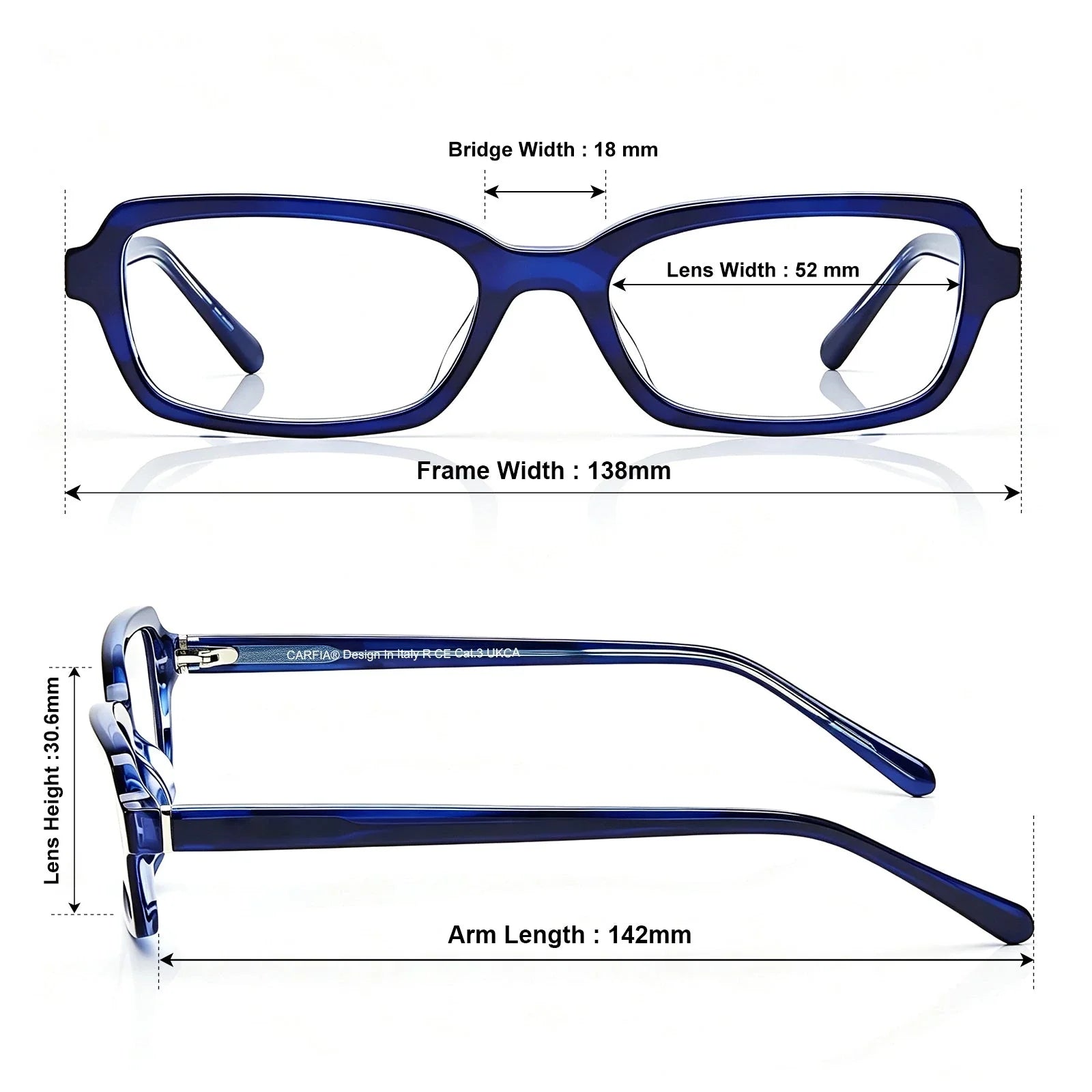 IGIOO Leoon CA7033-C3 Navy Acetate Rectangle Prescription Glasses Eyeglasses for Unisex, Size-Chart View