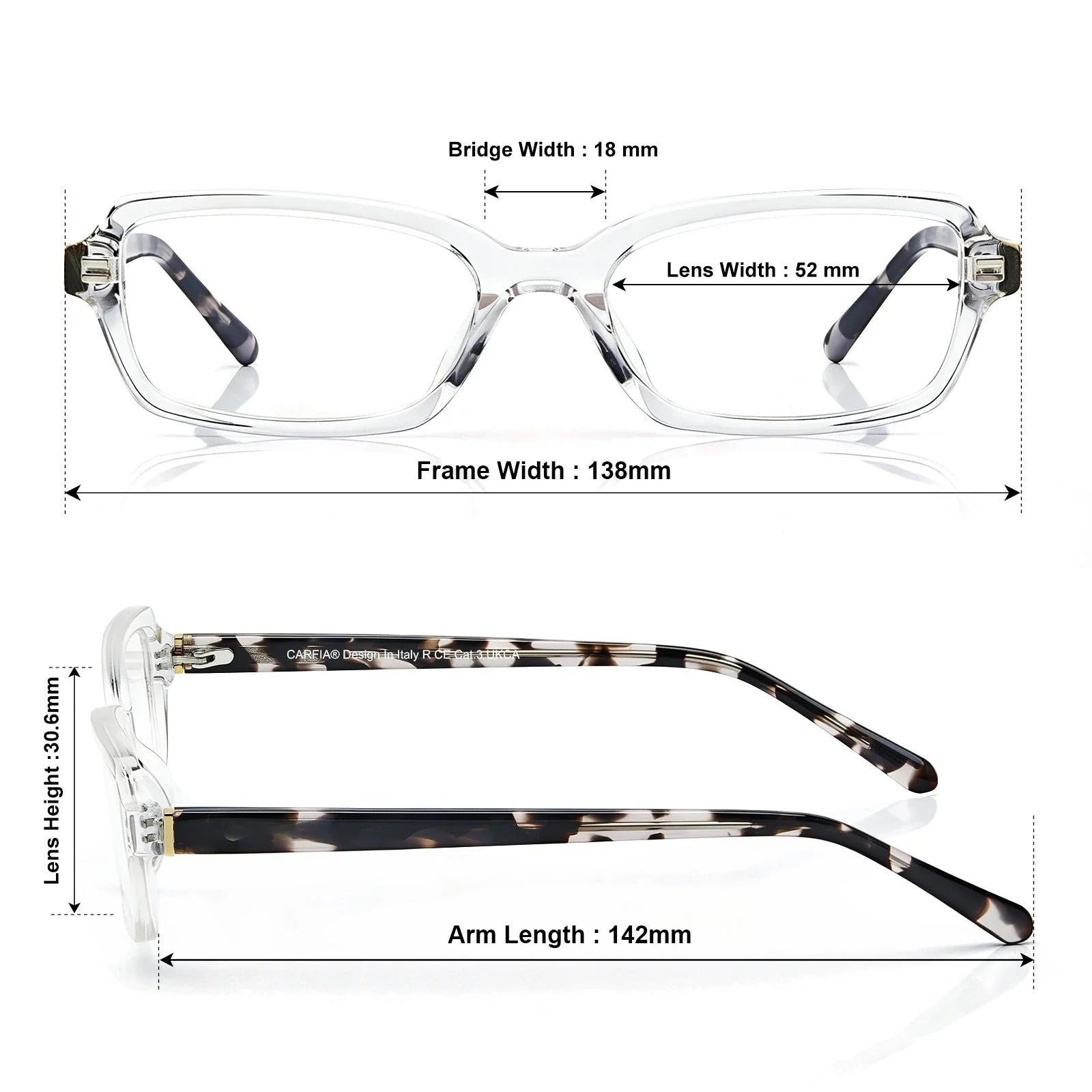 IGIOO Leoon CA7033-C4 Transparent Acetate Rectangle Prescription Glasses Eyeglasses for Unisex, Size-Chart View