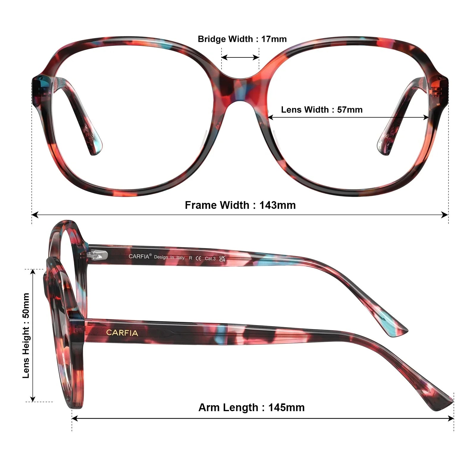 IGIOO Matthew CA2024-C07 Tortoise Acetate Square Prescription Glasses Eyeglasses for Women, Size Chart