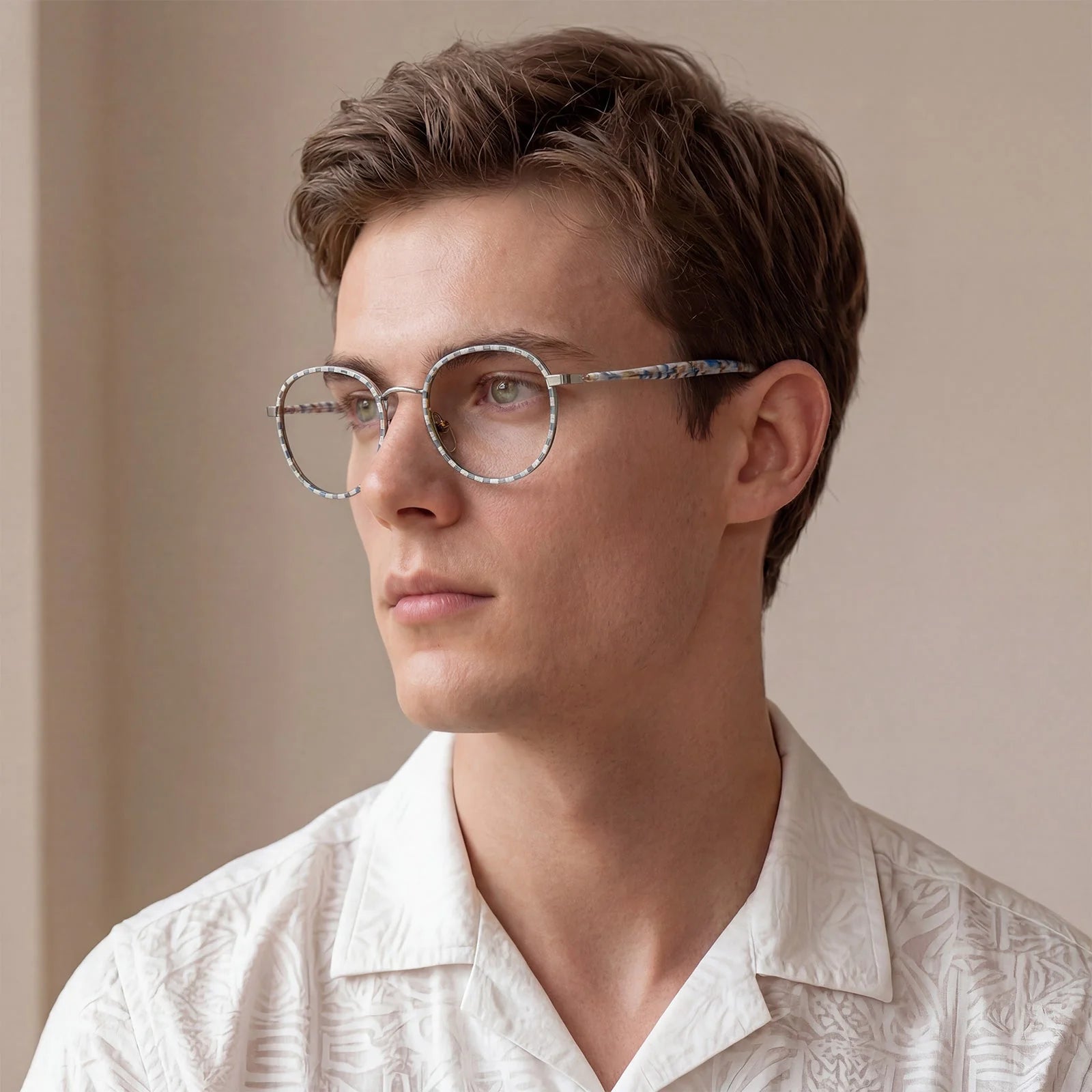 IGIOO Monterey Beige-Blue Metal Round Prescription Glasses Eyeglasses for Unisex, Lifestyle View