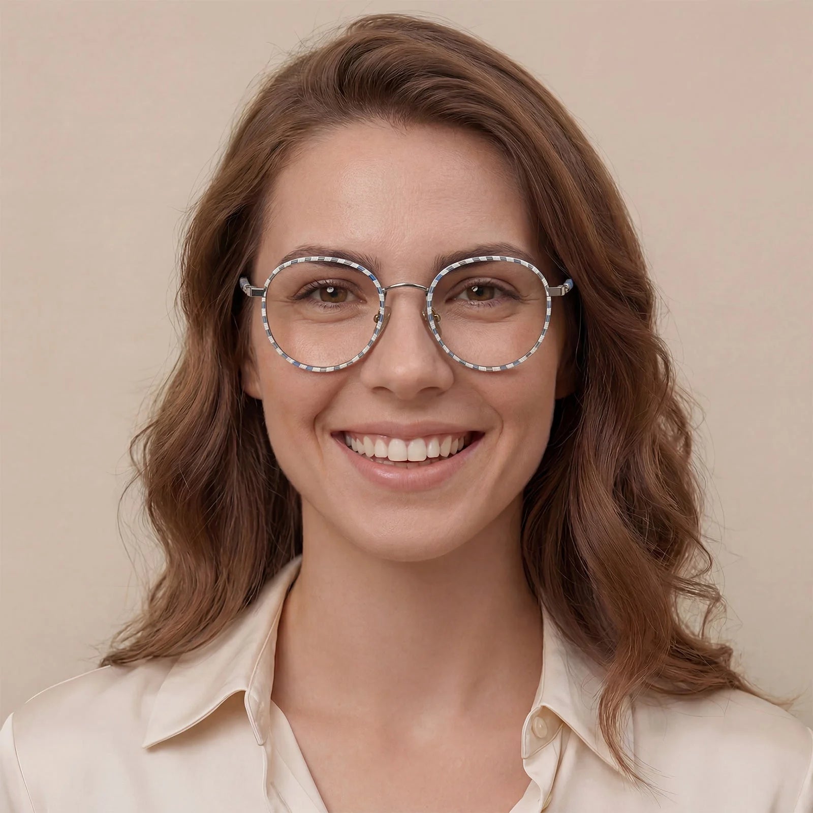 IGIOO Monterey Beige-Blue Metal Round Prescription Glasses Eyeglasses for Unisex, Model View