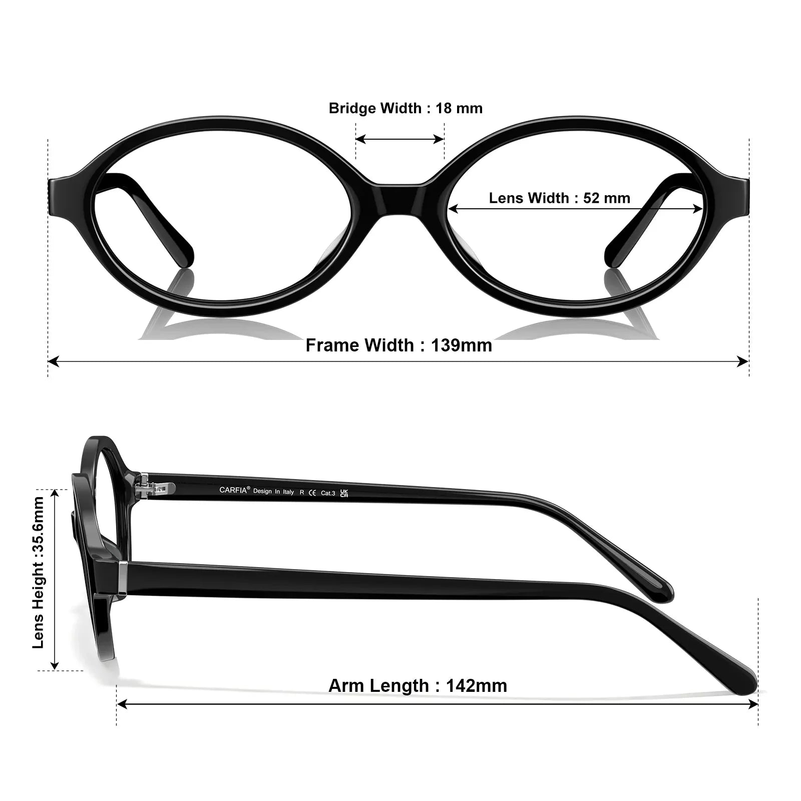 IGIOO Ovalen CA7032-C1 Black Acetate Oval Prescription Glasses Eyeglasses for Women, Size-Chart View