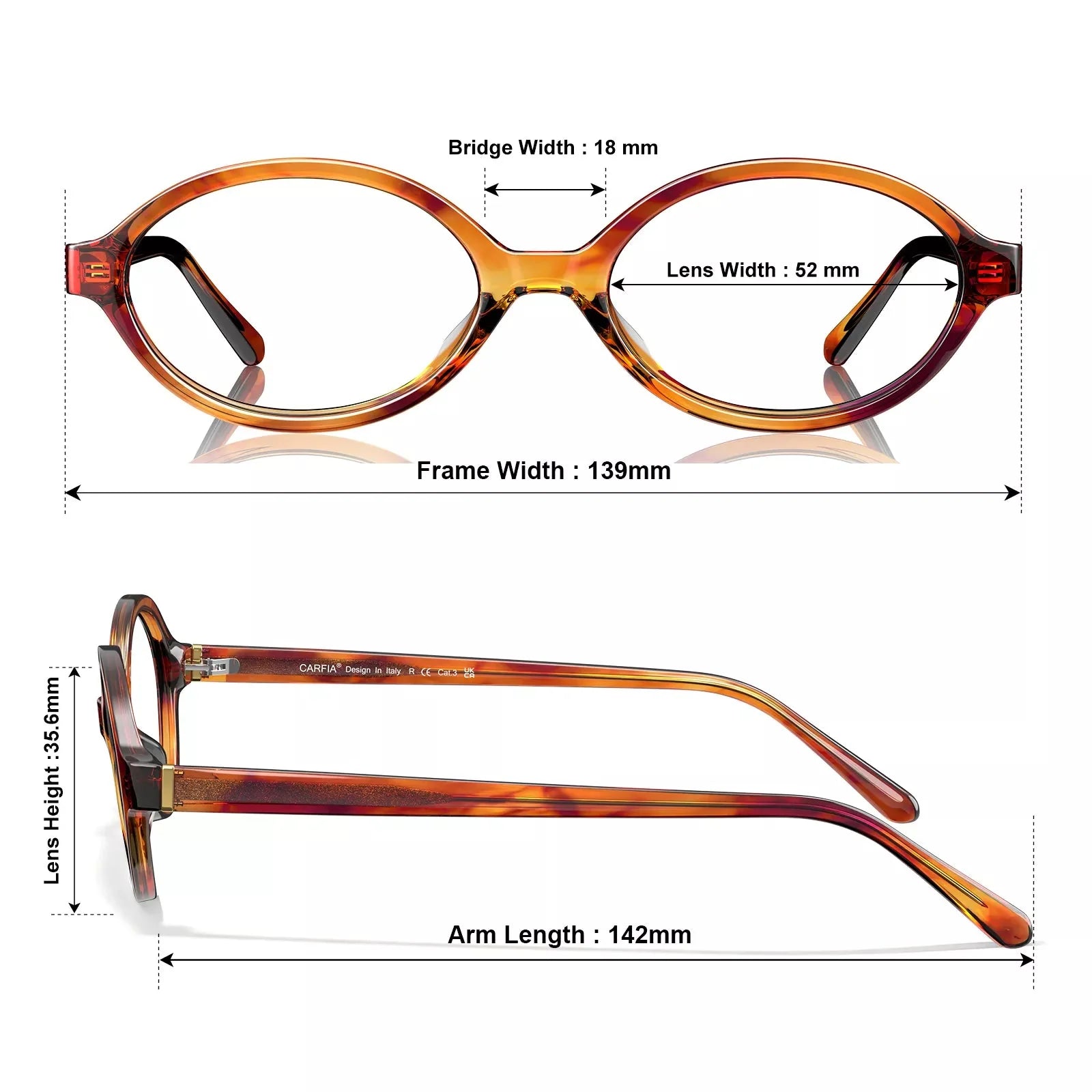 IGIOO Ovalen CA7032-C3 Tortoise Acetate Oval Prescription Glasses Eyeglasses for Women, Size-Chart View