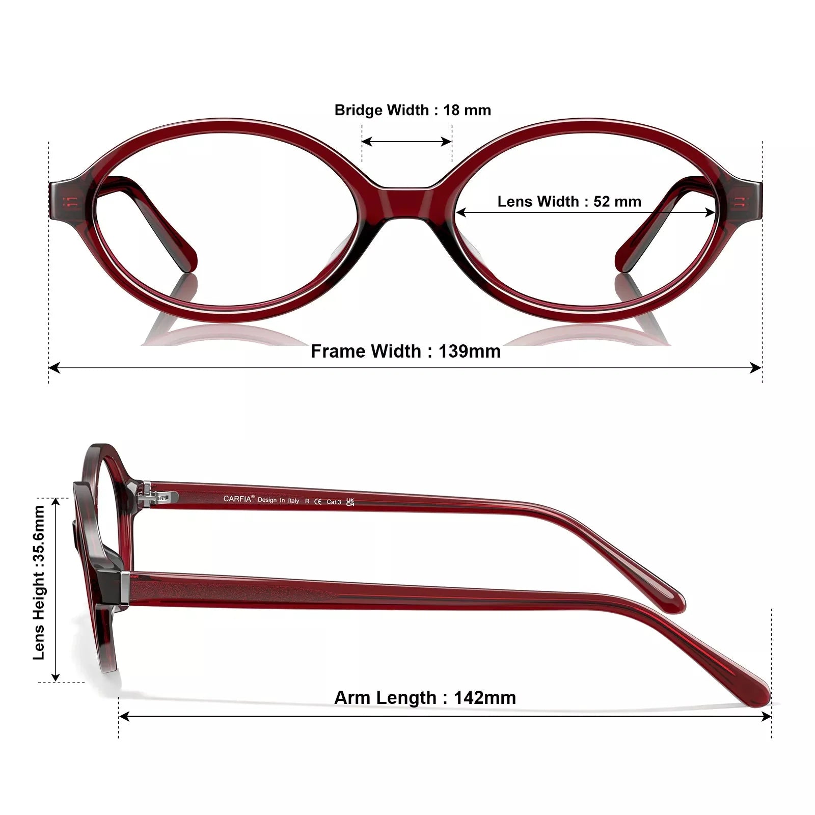 IGIOO Ovalen CA7032-C4 Red Acetate Oval Prescription Glasses Eyeglasses for Women, Size-Chart View