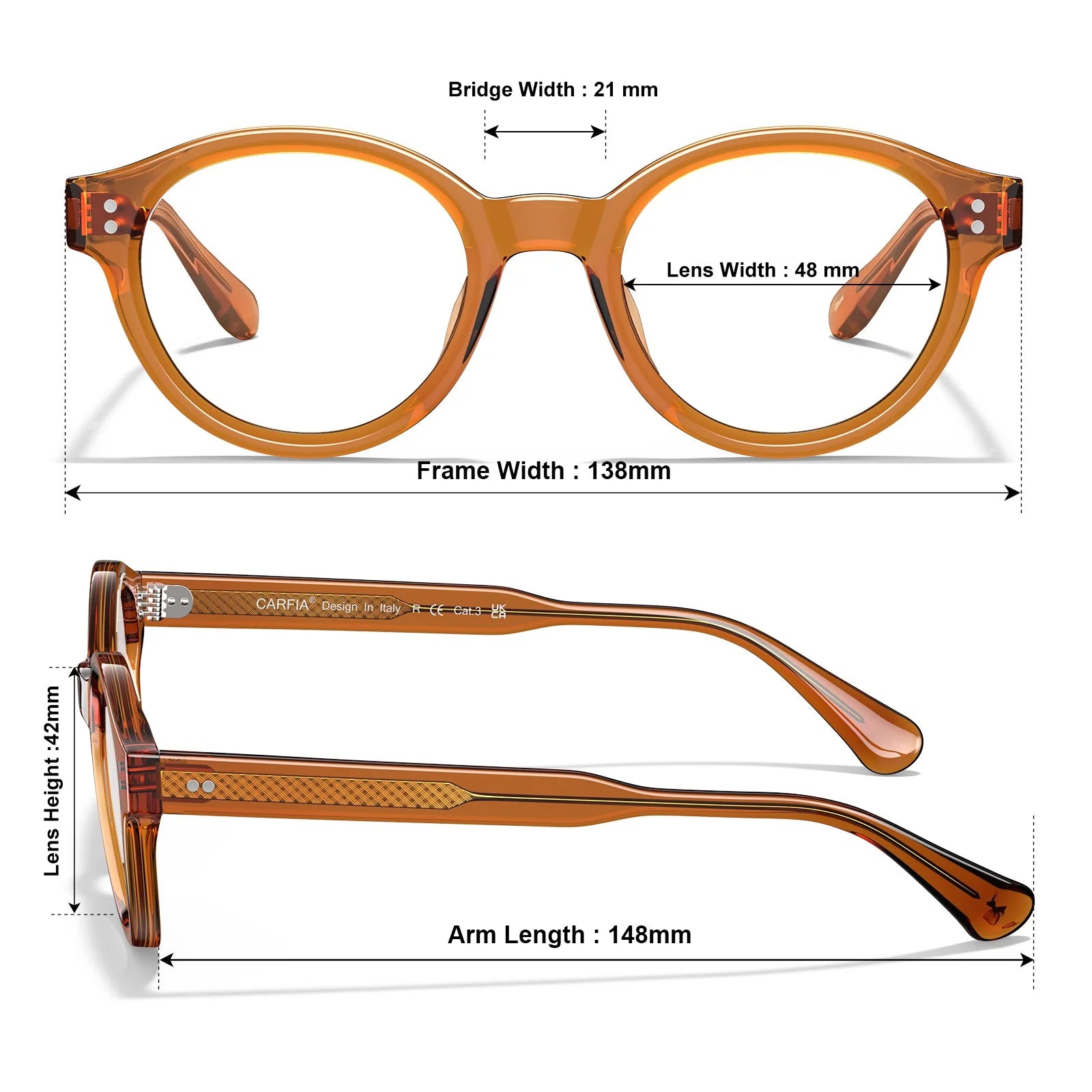 IGIOO Primrose CA5403-FC03 Orange Acetate Round Prescription Glasses Eyeglasses for Unisex, Size Chart