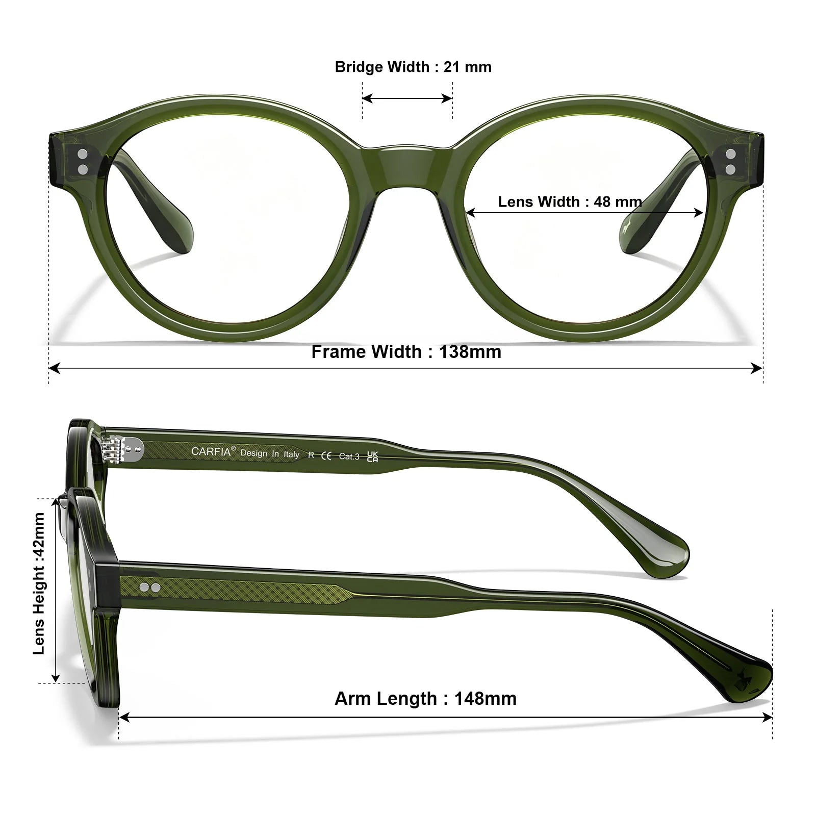 IGIOO Primrose CA5403-FC06 Green Acetate Round Prescription Glasses Eyeglasses for Unisex, Size Chart