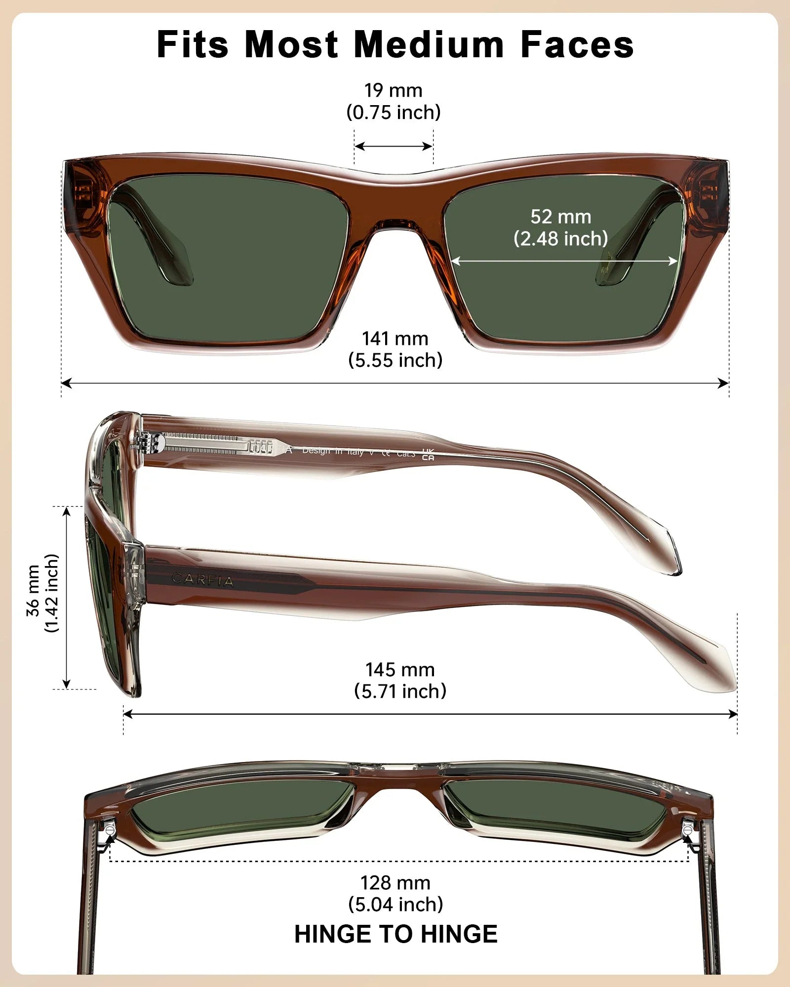 IGIOO Senda CA5408-C02 Brown Acetate Rectangle Polarized Prescription Sunglasses for Women, Features View