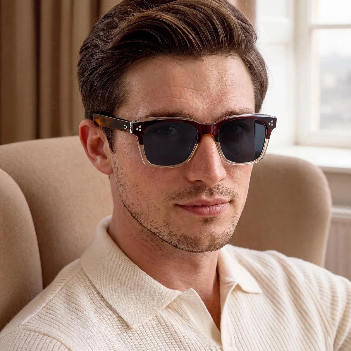 IGIOO Simba CA31109-C03 Wine Red Champagne Acetate Square Polarized Sunglasses for Men, Portrait View