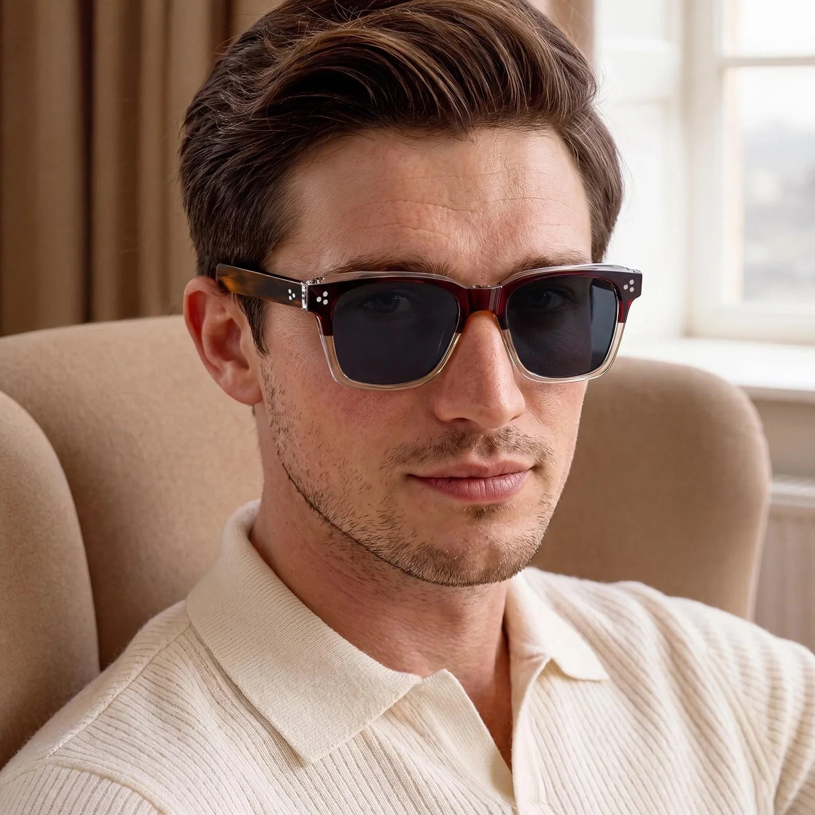 IGIOO Simba CA31109-C03 Wine Red Champagne Acetate Square Polarized Sunglasses for Men, Portrait View