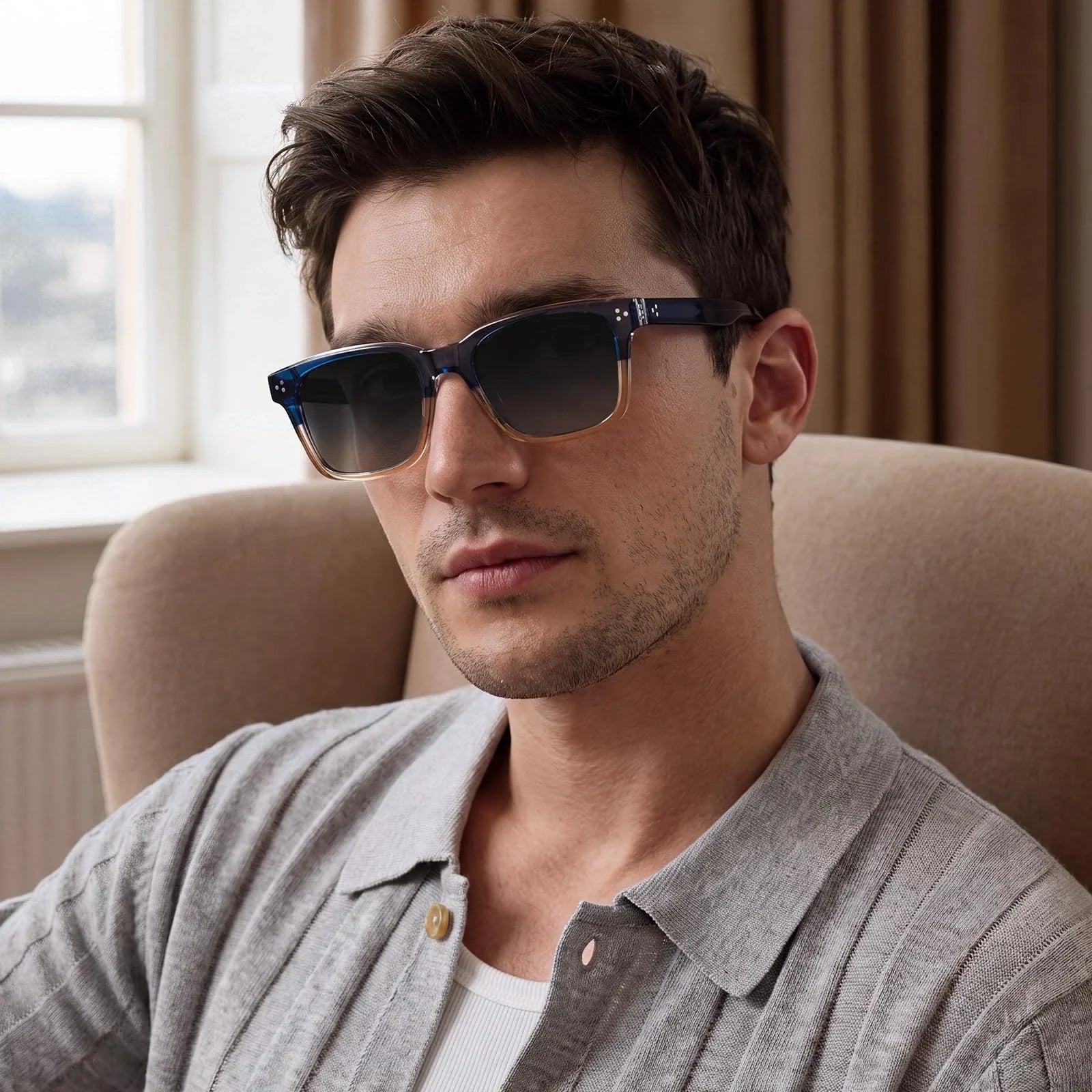 IGIOO Simba CA31109-C04 Navy Champagne Acetate Square Polarized Sunglasses for Men, Portrait View