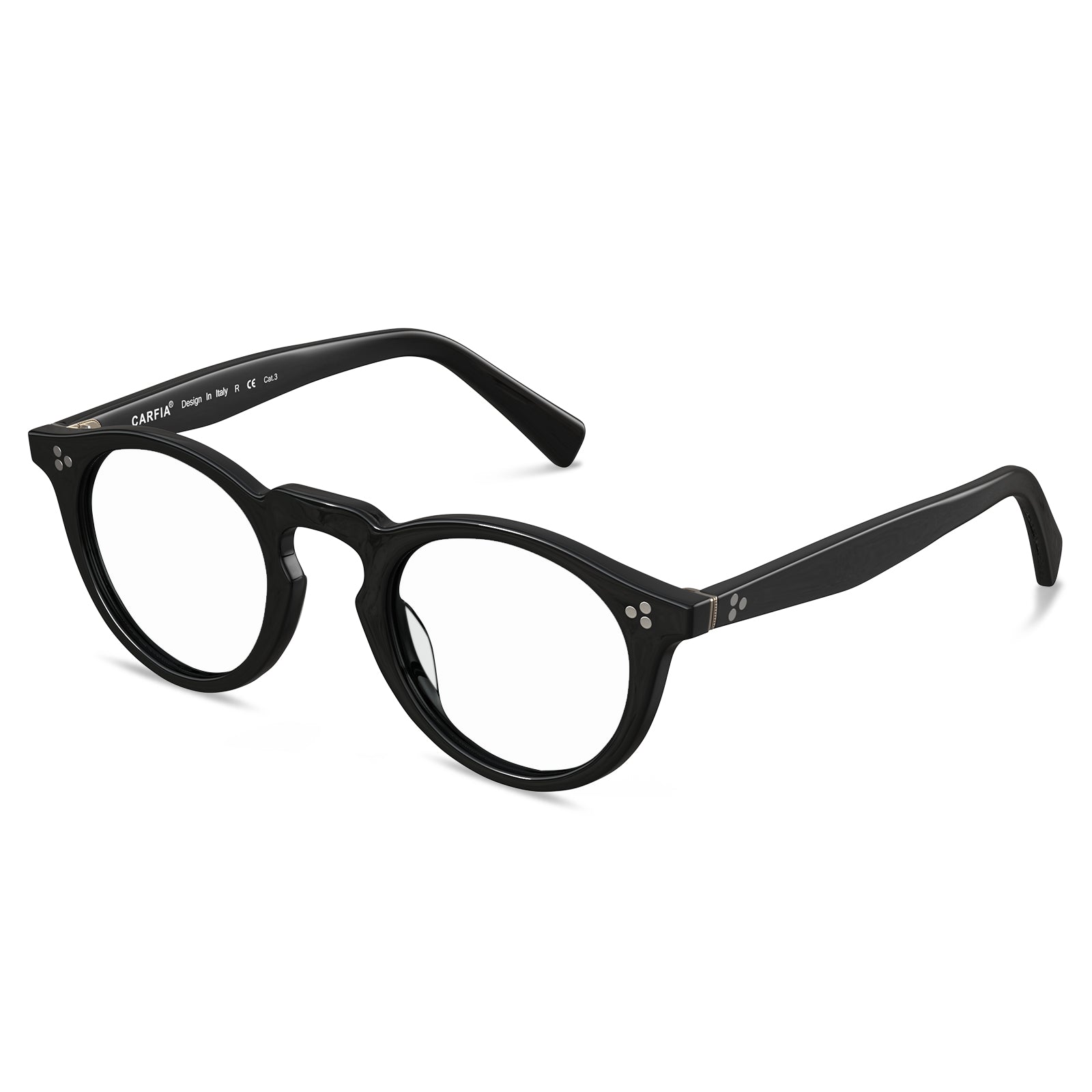 Italian design round eyeglasses side profile showing acetate frame metal rivet temple details lightweight 21g construction