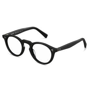 Italian design round eyeglasses side profile showing acetate frame metal rivet temple details lightweight 21g construction