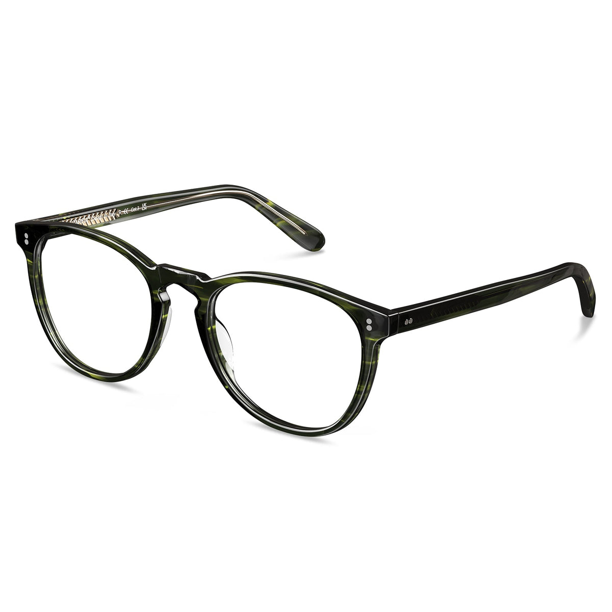 Italian handmade round eyeglasses green tortoise acetate side profile showing temple design and metal rivets
