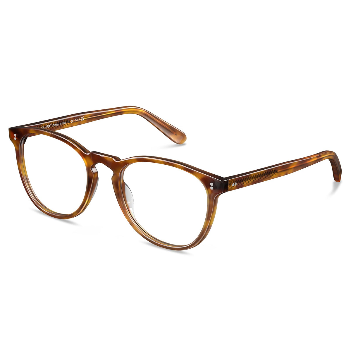 Orlanda tortoiseshell acetate eyeglasses side profile showing full rim design and temple details
